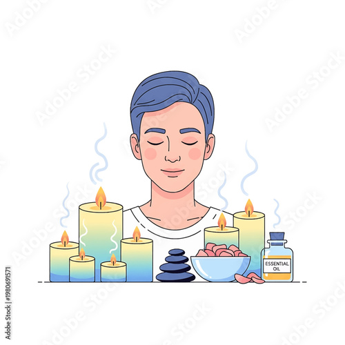 Man meditating with candles and stones.