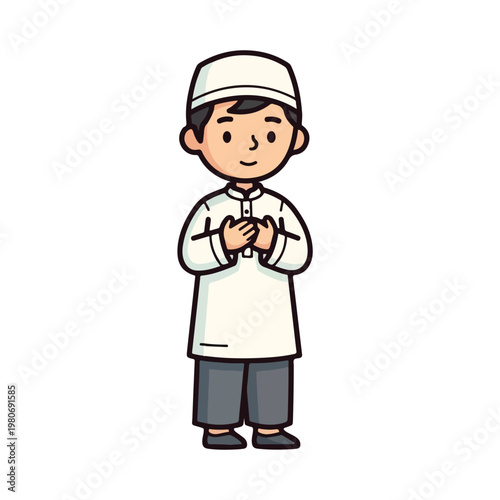Cute Muslim Boy Character in White Religious Outfit