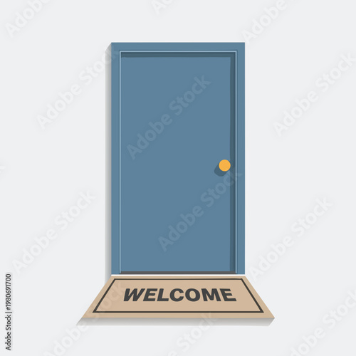 Modern blue door with a welcoming doormat in a minimalist setting