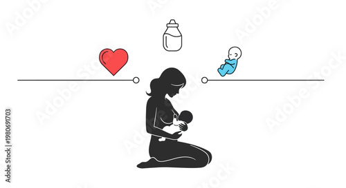 Silhouette of a mother breastfeeding her baby with icons representing love and care.