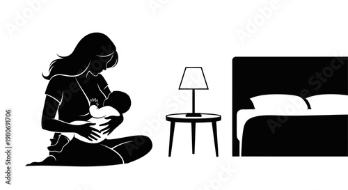 Silhouette of a mother breastfeeding her newborn baby in a bedroom setting.