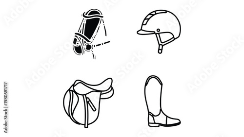 Equestrian Gear Elements: This artwork showcases essential equestrian equipment, each element rendered in simple, clean lines, ideal for illustrating equestrian activities.
