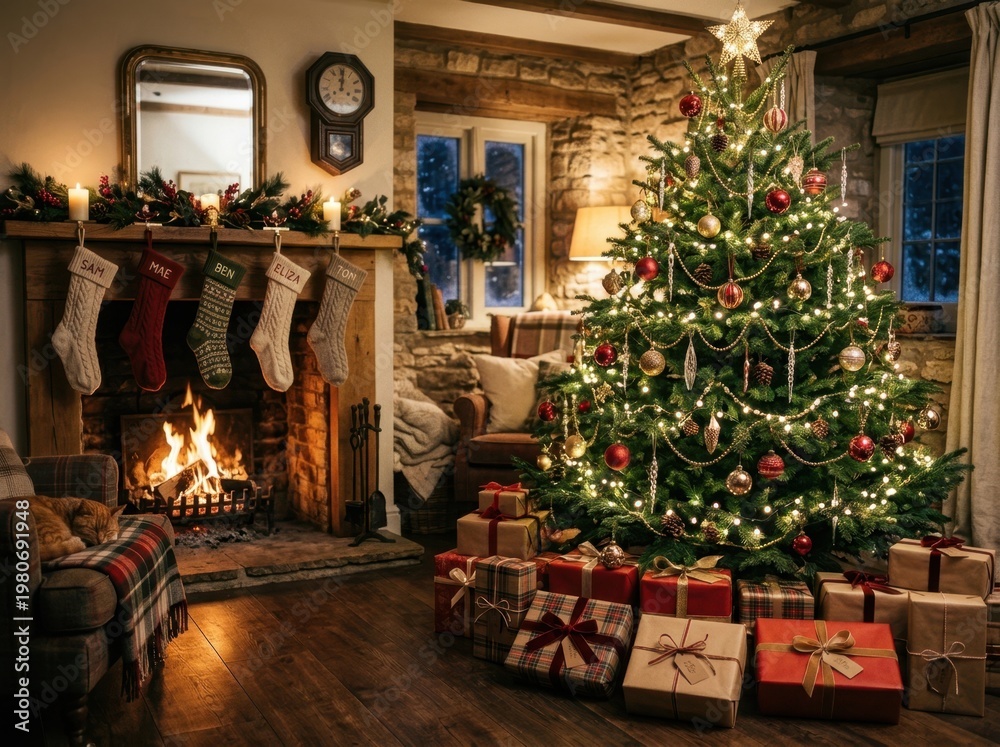 Obraz premium A beautifully decorated Christmas tree glows beside a warm, crackling fireplace with gifts piled high, creating a cozy holiday scene.