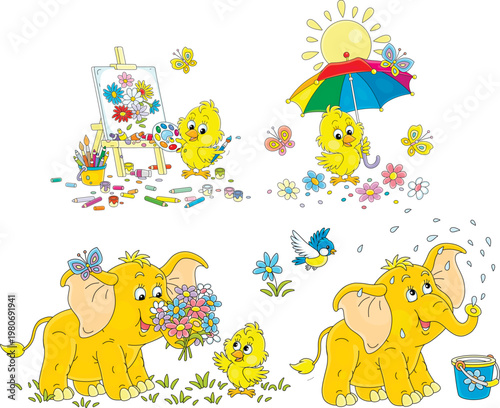 Cute baby elephant and yellow chick with a bouquet celebrating a birthday, drawing summer flowers, splashing and hiding from the sun under an umbrella, a set of vector cartoon illustrations on white