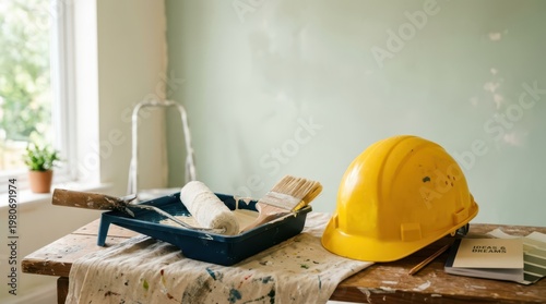 Painting roller brush and tray with yellow hardhat arranged for home renovation project