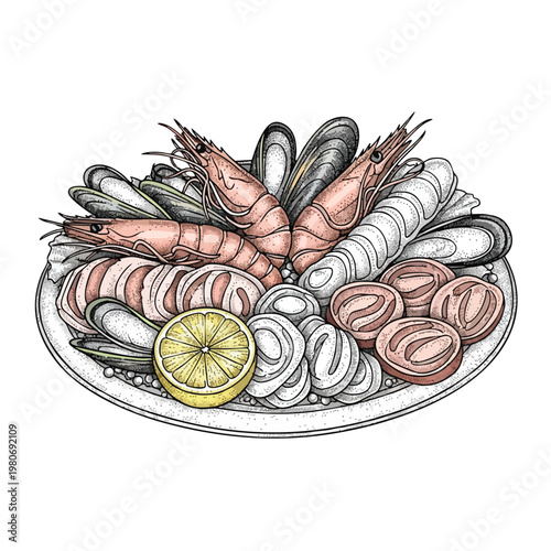 Delicious Assorted Seafood Platter with Lemon Slices and Fresh Ingredients