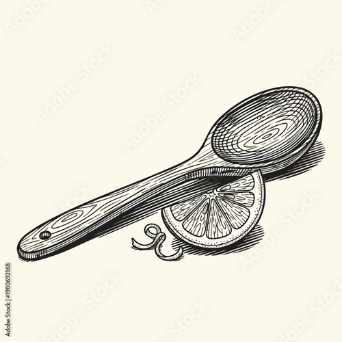Hand drawn Illustration of a Wooden Spoon with Lemon Slices and Hook in Vintage Style