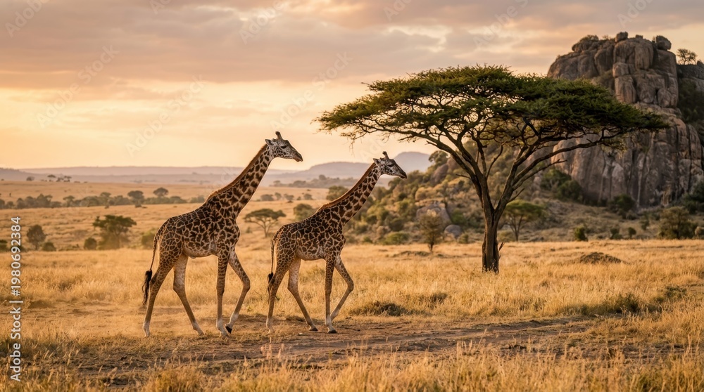 Obraz premium Two giraffes walking gracefully across the African savanna during a golden sunset, showcasing the serene beauty of wildlife in its natural habitat.