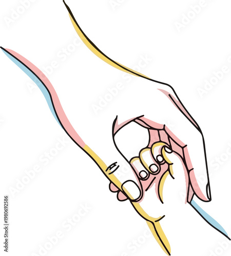 Minimalist vector icon of mother and baby hands holding, simple line art, no face, thin stroke, soft rounded lines, pastel color palette, clean white background