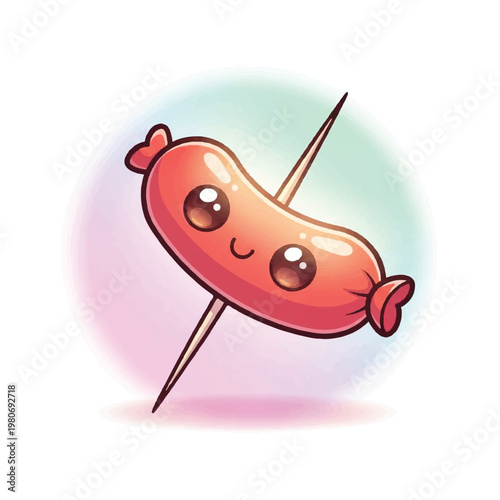 Cartoon sausage on a stick smiling.