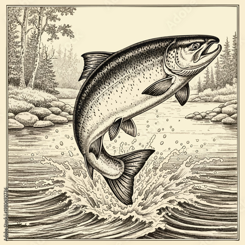 Dynamic Fish Leaping Out of Water in a Serene Natural Landscape