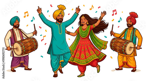 Schilderij op canvas Vector illustration of happy Punjabi couple performing Bhangra dance with dhol drummers for Lohri festival and Baisakhi on transparent Background
