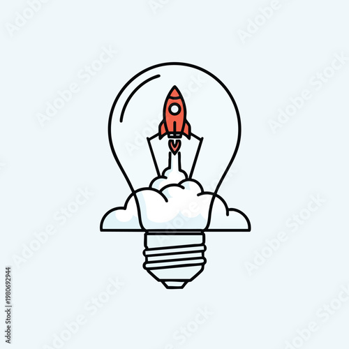 Innovative Business Idea Concept with Rocket Launch Inside Lightbulb Illustration