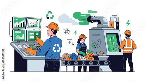 Sustainable Industry: Workers diligently oversee the recycling process, showcasing a commitment to environmental protection and technological innovation in a sustainable industry.