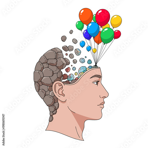 Man with balloons coming out head.