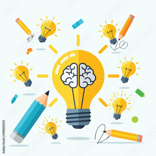 Creative Brainstorming with Light Bulbs and Pencils for Inspiration and Innovation