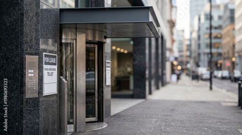 Commercial real estate for lease sign on modern office building entrance with revolving door. Featuring prime city location for business professional headquarters and corporate rental space available.