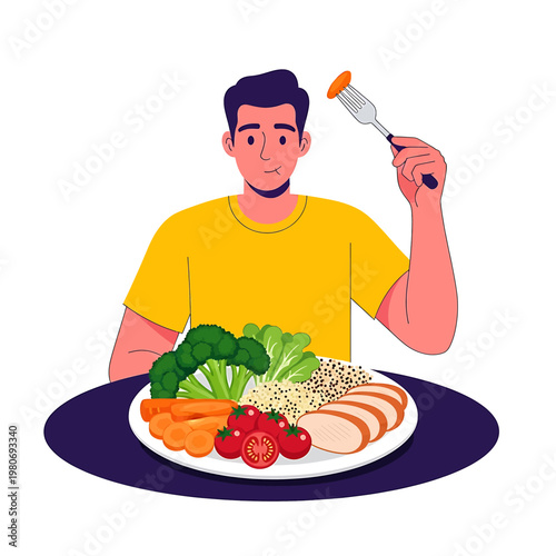 Man eating healthy food with fork.