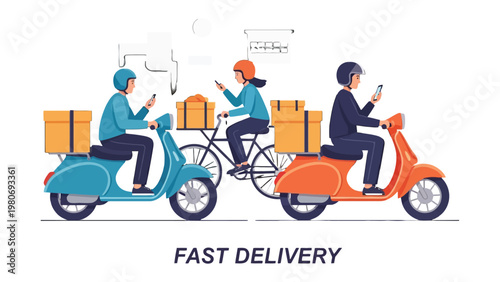 Swift Delivery: A fleet of delivery couriers navigates urban streets on scooters and a bicycle, ensuring fast and efficient service delivery. Emphasizing speed, reliability, and modern logistics.