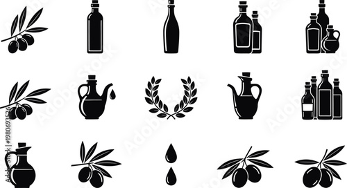 Olive oil, olive branch icons set silhouette on white background
