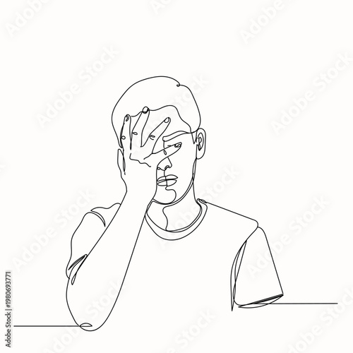 Single line drawing of depressed person holding head with messy scribble thought bubble, anxiety and overthinking concept, Hand drawn single line vector illustration
