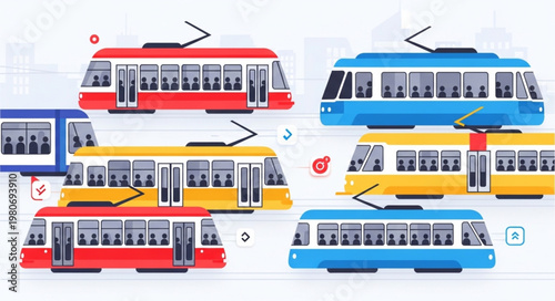 Multiple colorful trams in a row illustration.