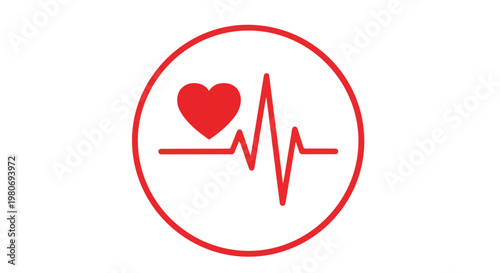 Simple medical heart health icon with heartbeat line and red heart symbol representing cardiovascular care