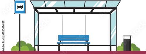 Bus stop shelter with bench, trash bin and sign for urban public transportation vector design projects