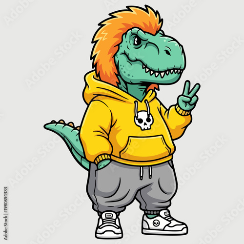 Cool T-Rex dinosaur character wearing yellow hoodie and grey jogger pants vector illustration