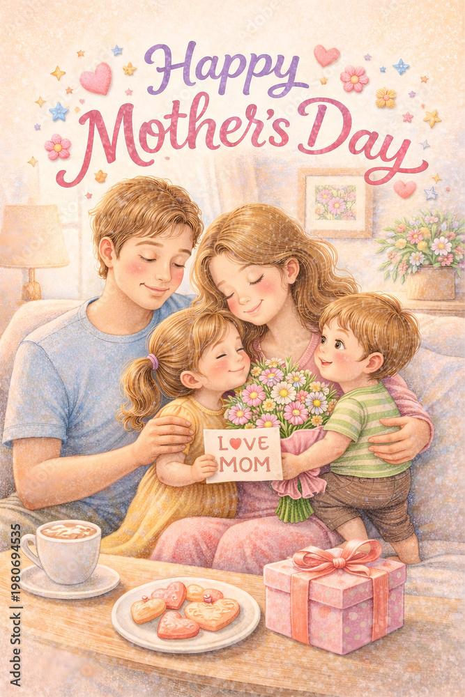 Naklejka premium Happy Mother’s Day Family Illustration at Home, Husband and Children Hugging Mom with Flowers and Gift, Soft Wax Texture Style
