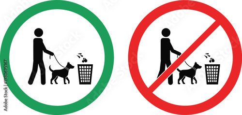 Dog walking waste disposal signs showing permitted and prohibited actions for public awareness vector design projects