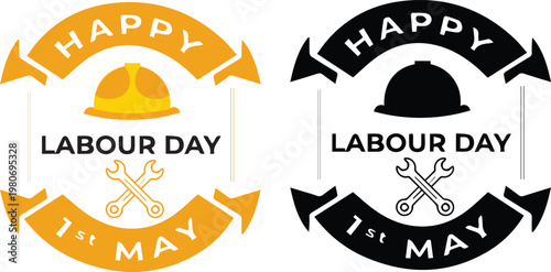Happy labour day badges celebrating workers on may 1st with industrial symbols