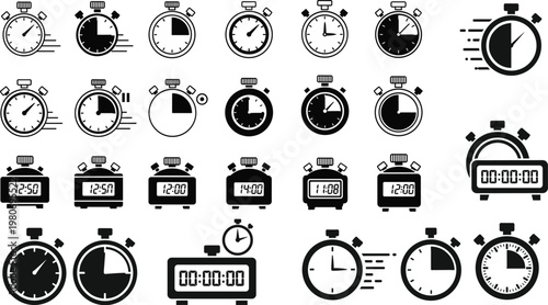 Photography Stopwatch and Timer Icon Set Featuring Digital, Analog, and Racing Styles with V