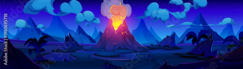 Volcanic eruption in a fantasy landscape.