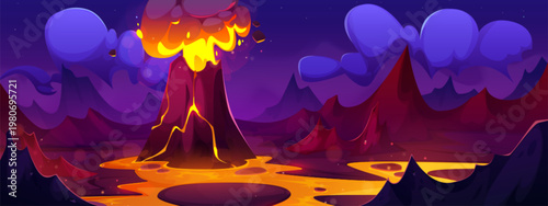A cartoon illustration of a volcanic eruption with lava and smoke.