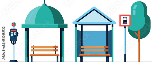 Modern Bus Stop Shelters and Bench Vector Set for Public Transportation and Urban Design Themes