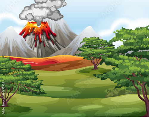 Erupting volcano in natural landscape scenery.