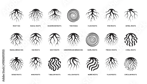 A captivating collection of twelve distinct stylized black silhouette tree icons, each intricately depicting both the majestic canopy and the robust root system, often mirroring each other, presented 
