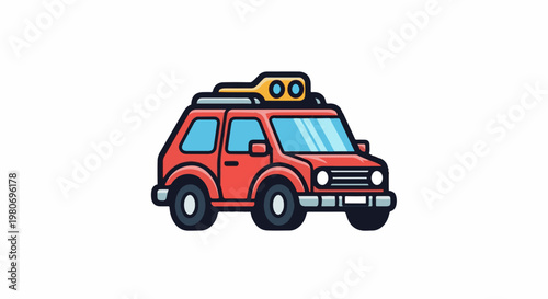 A cartoon red SUV with a yellow roof rack carrying two blue circular objects
