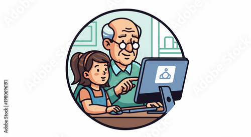 Grandfather and granddaughter learning together on a computer