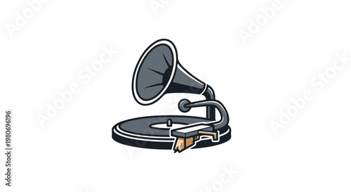 A vintage record player with a horn and stylus on a spinning disc