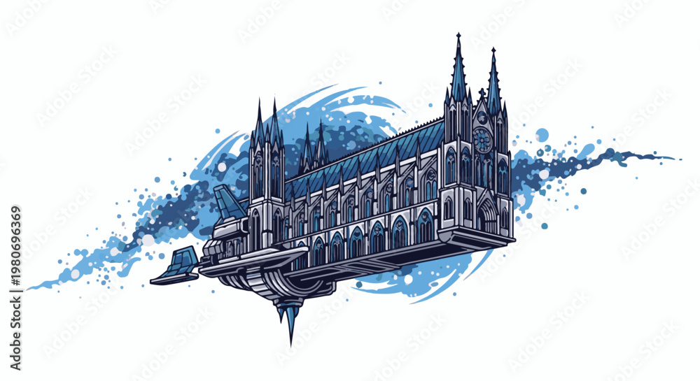 Fototapeta premium Pixel art gothic cathedral spaceship with blue paint splashes