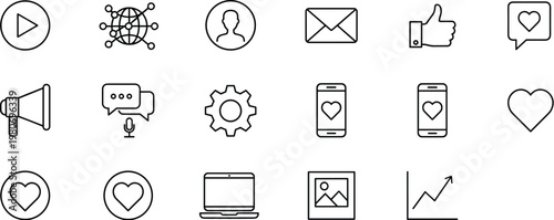 Collection of social media and digital marketing thin line icons, including laptop, smartphone, megaphone, heart, and network connection design elements.