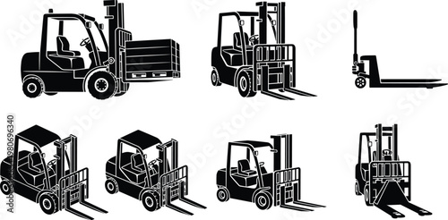 Forklift and Pallet Jack Equipment Icon Set for Warehouse, Logistics, Transportation, and Industrial Work, with Detailed Black Silhouettes