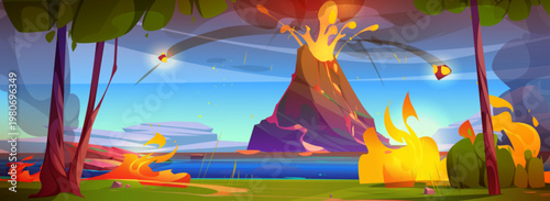 Cartoon volcano erupting in a scenic landscape.