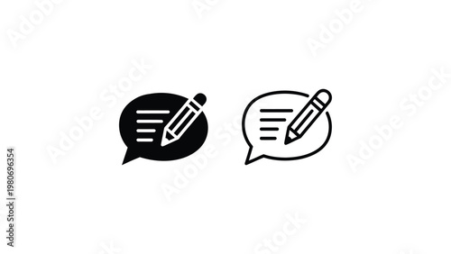 Speech bubble with pencil icons in solid and outline style, symbolizing communication, feedback, editing, writing, and digital text modification