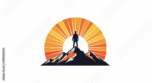 Silhouette of person on mountain peak against radiant sunburst