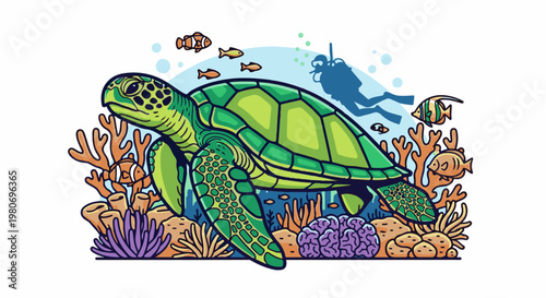A sea turtle swims amidst vibrant coral and fish with a diver overhead