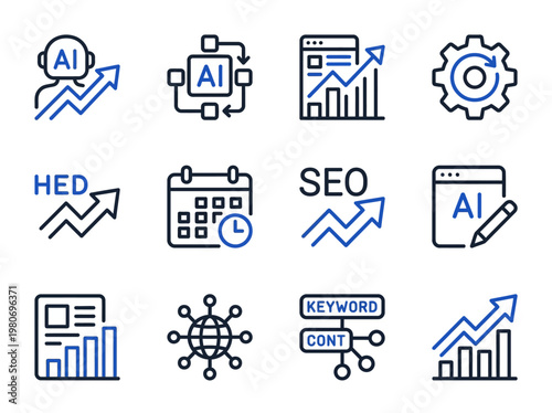 AI-powered SEO and digital marketing icon set for keyword strategy, content optimization, and search engine performance growth
