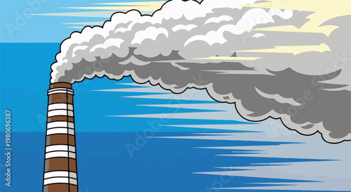 A factory chimney billows smoke into a stylized blue sky with yellow clouds